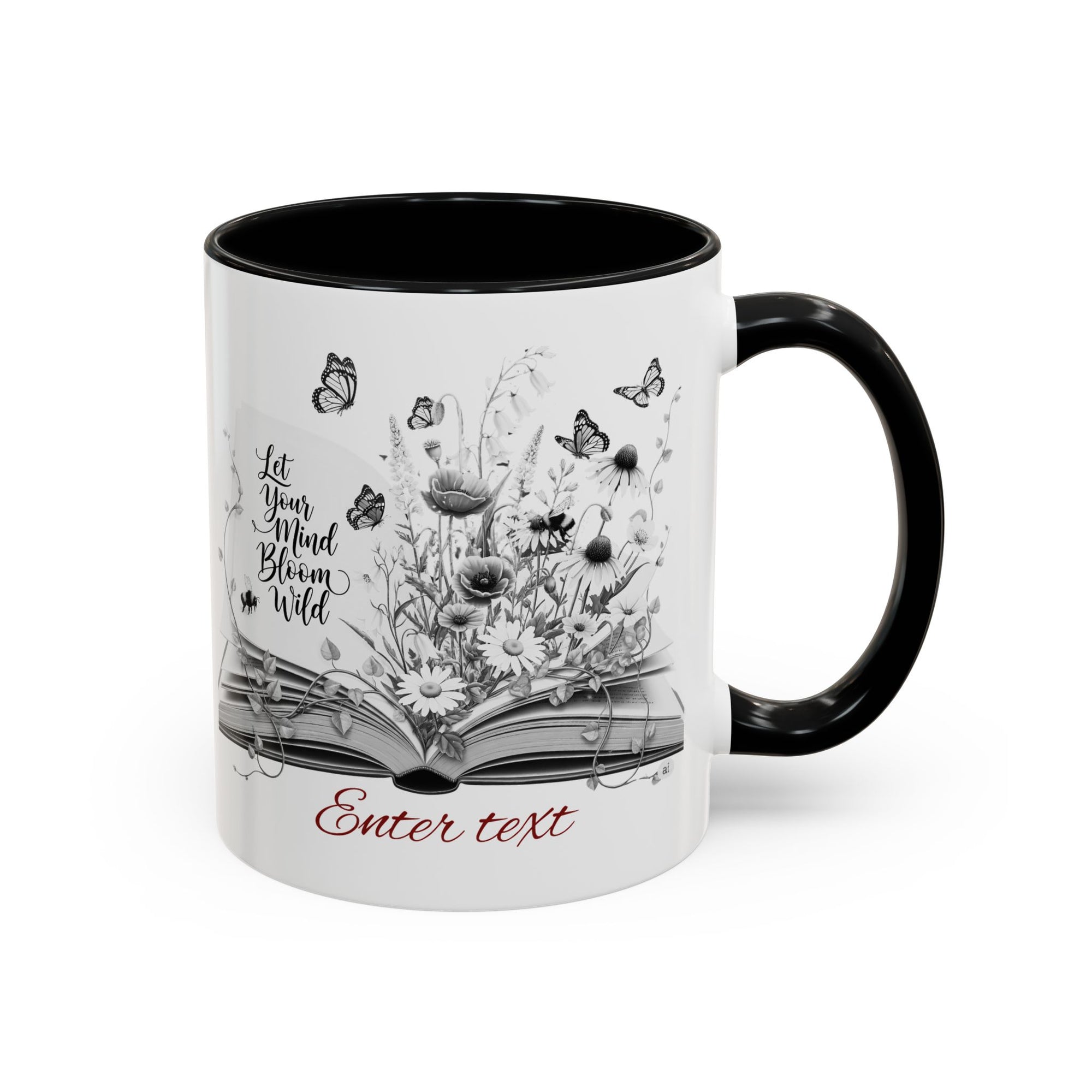 Personalized Mug with Name, Custom Text | Floral Inspiration Coffee Mug, Motivational Gift for Writers, Black-Handled Mug, Home Office Decor, Encouragement Quote Mug