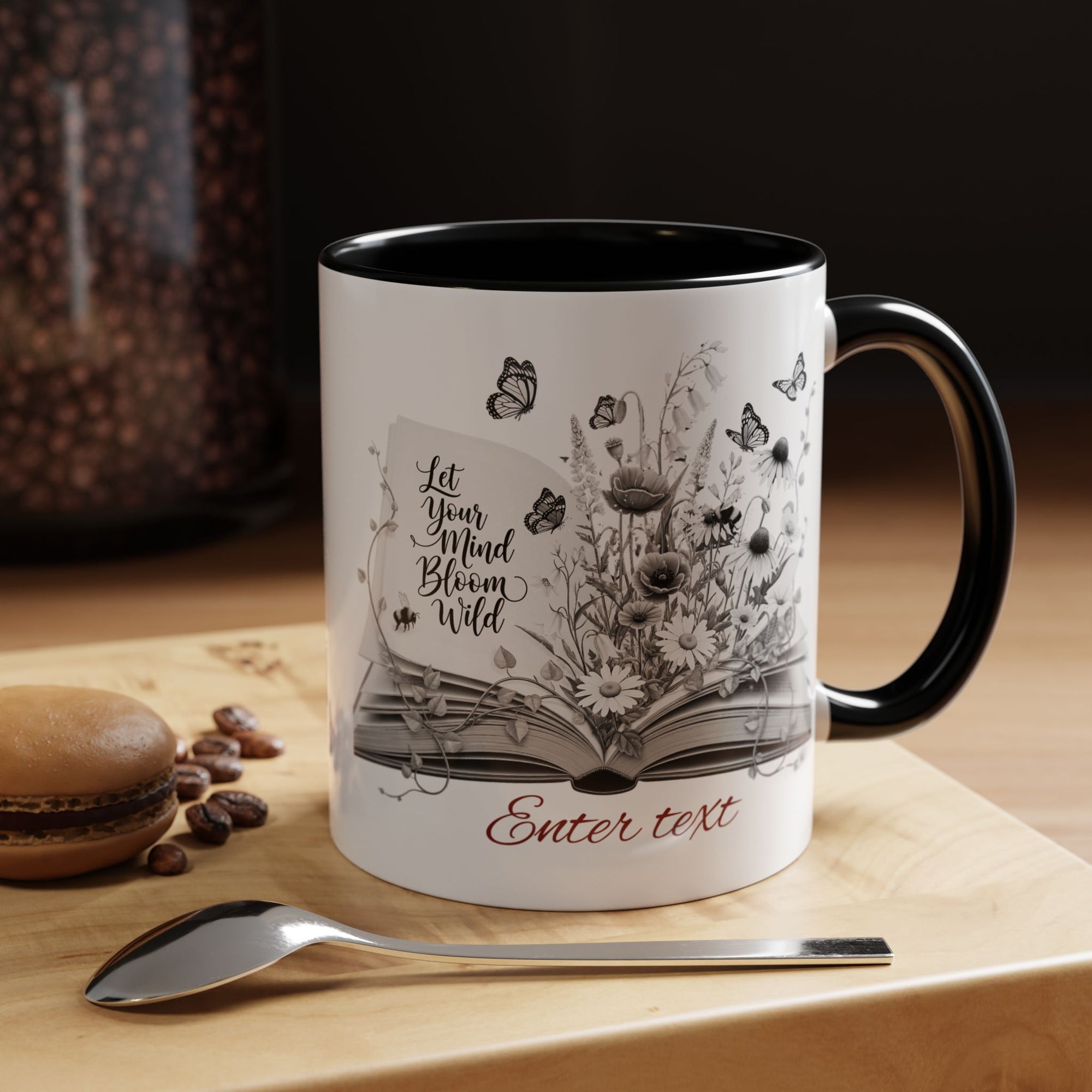 Personalized Mug with Name, Custom Text | Floral Inspiration Coffee Mug, Motivational Gift for Writers, Black-Handled Mug, Home Office Decor, Encouragement Quote Mug