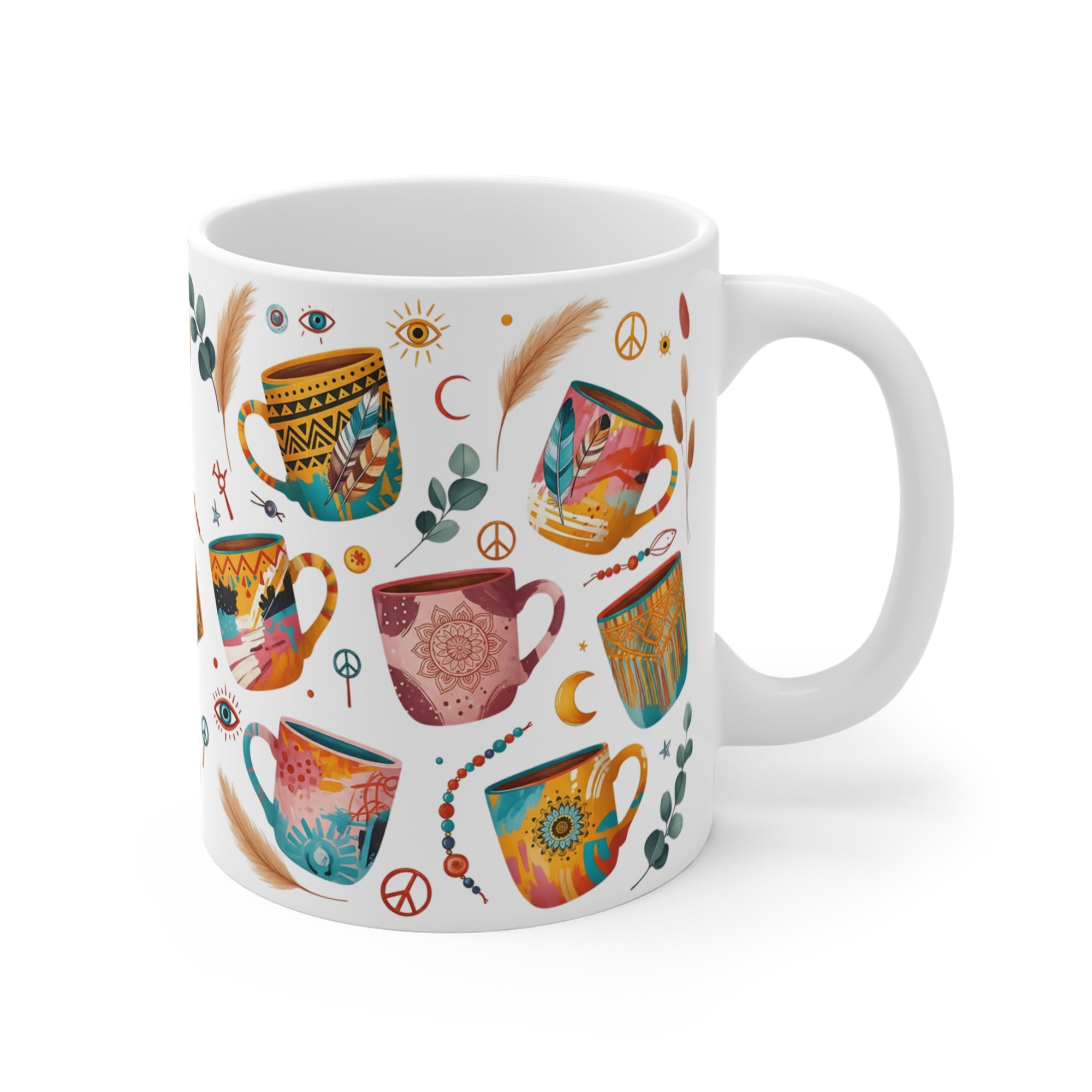 Bohemian Art Mug 11 oz.| Colorful Ceramic Coffee Cup, Handmade Gift for Friends, Cozy Home Décor, Boho Vibes
