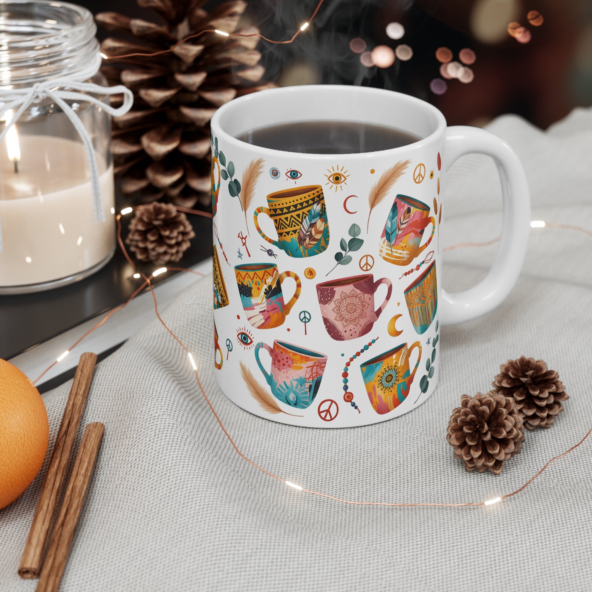 Bohemian Art Mug 11 oz.| Colorful Ceramic Coffee Cup, Handmade Gift for Friends, Cozy Home Décor, Boho Vibes