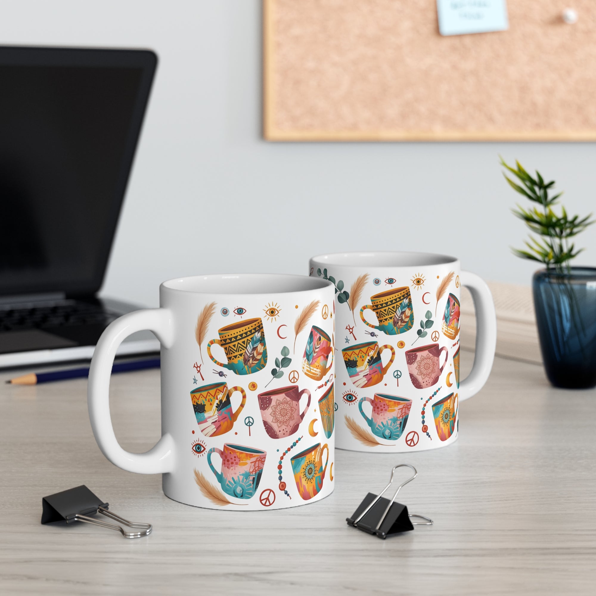Bohemian Art Mug 11 oz.| Colorful Ceramic Coffee Cup, Handmade Gift for Friends, Cozy Home Décor, Boho Vibes