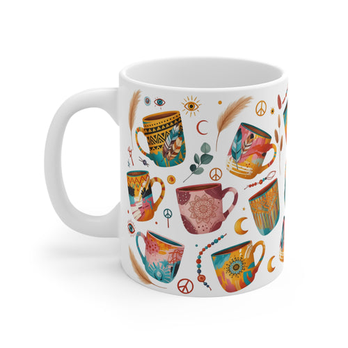 Bohemian Art Mug 11 oz.| Colorful Ceramic Coffee Cup, Handmade Gift for Friends, Cozy Home Décor, Boho Vibes