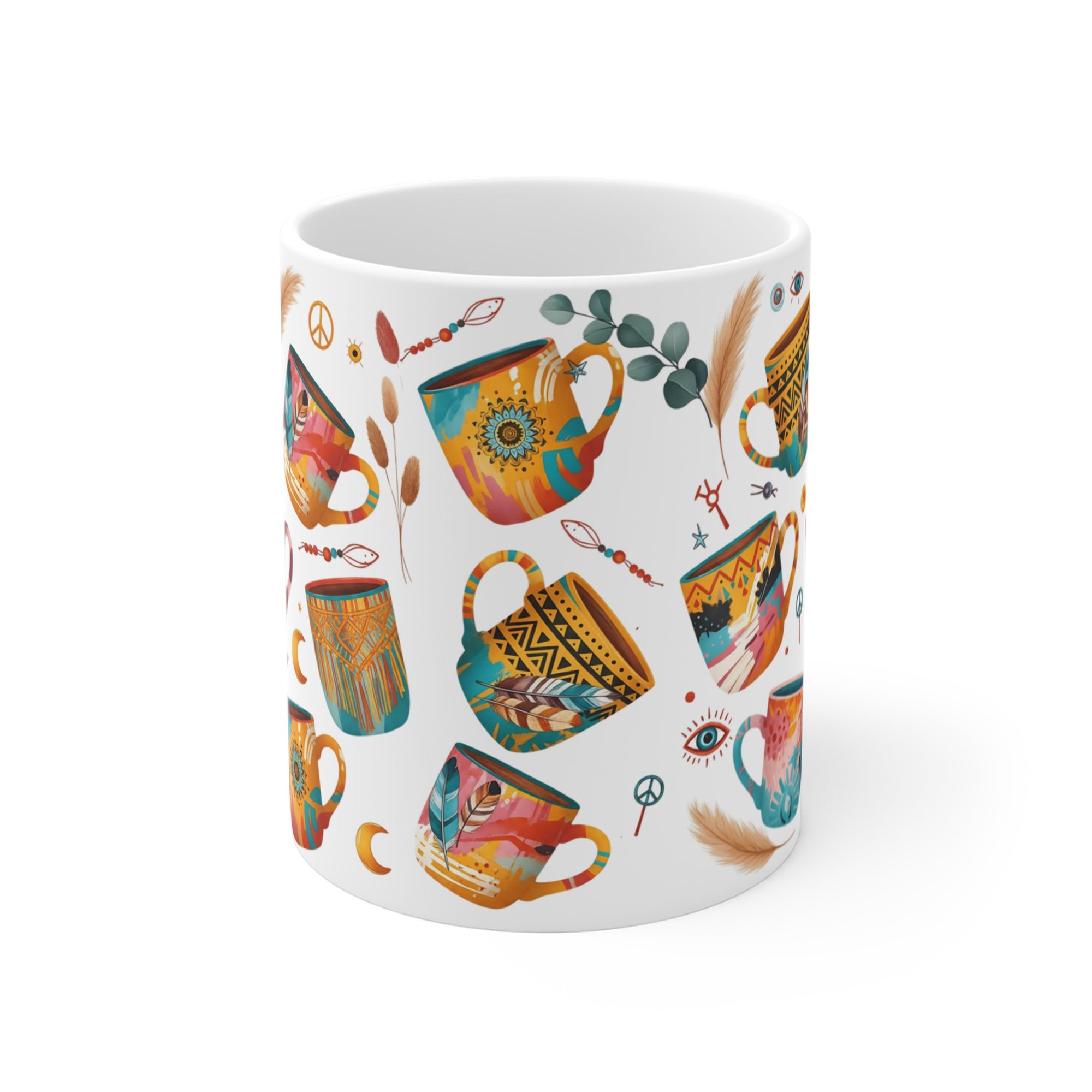 Bohemian Art Mug 11 oz.| Colorful Ceramic Coffee Cup, Handmade Gift for Friends, Cozy Home Décor, Boho Vibes