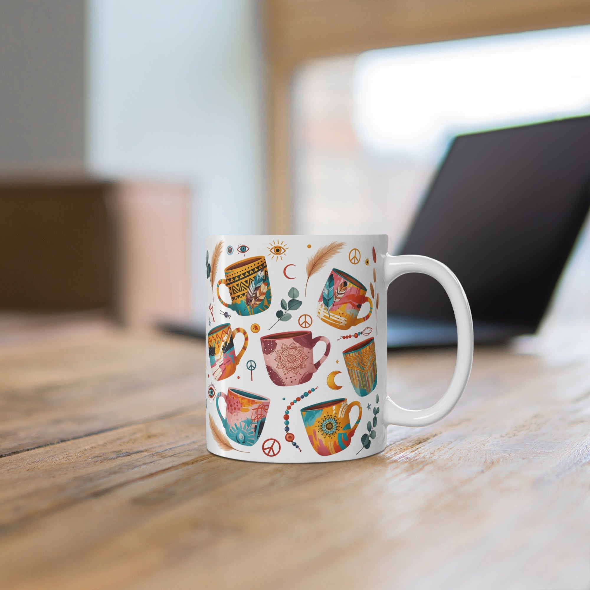 Bohemian Art Mug 11 oz.| Colorful Ceramic Coffee Cup, Handmade Gift for Friends, Cozy Home Décor, Boho Vibes
